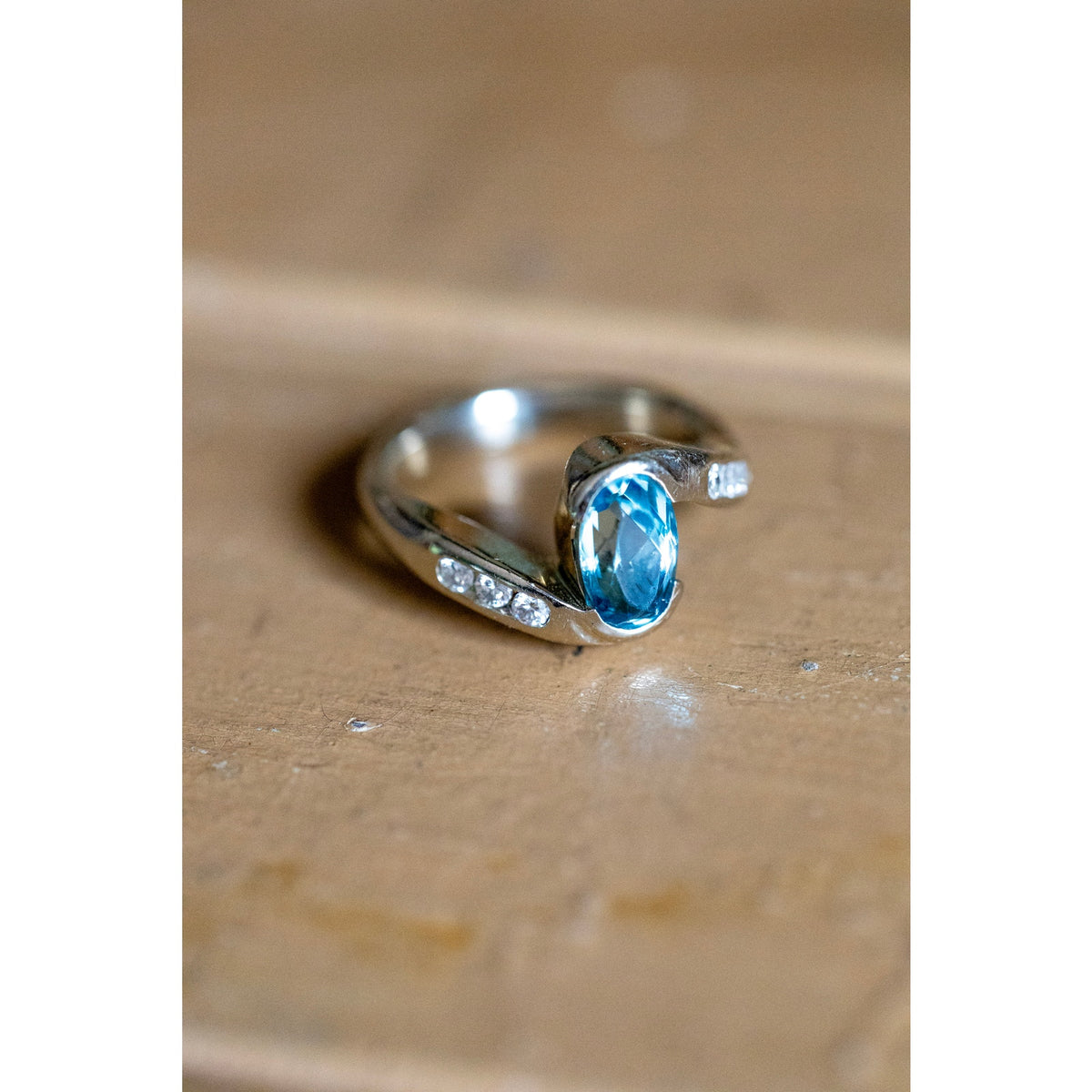 Handmade Vintage 14K White Gold Aquamarine and Diamond Ring