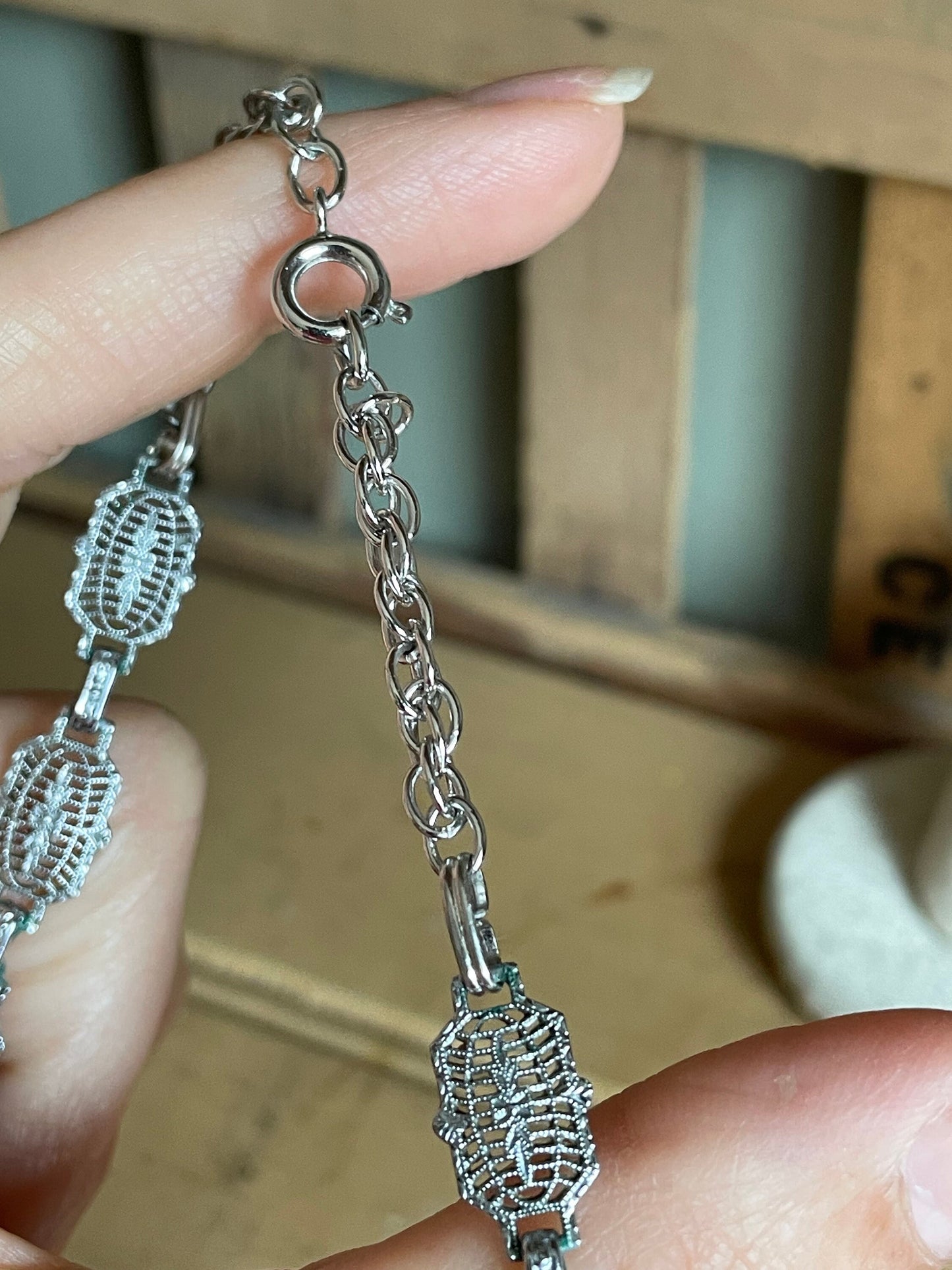 1930s Art Deco Necklace: Rhodium Plated Tourmaline Glass & Enamel