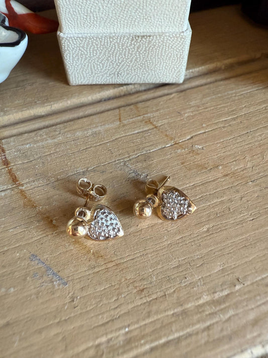 Vintage 14K Yellow and White Gold Stud Earrings with REmovable Diamond Set Heart Dangles