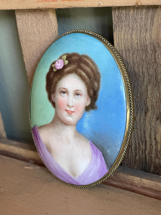 Antique c1900 Czechoslovakia Hand Painted Portrait on Porcelain
