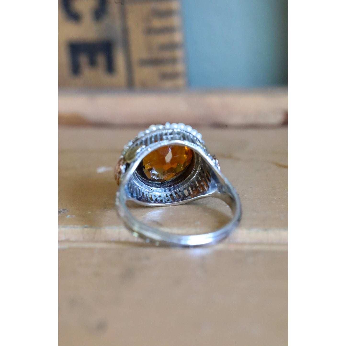 c1930 Art Deco 14K White, Rose, Green Gold Filigree Maderia Citrine and Seed Pearl Ring