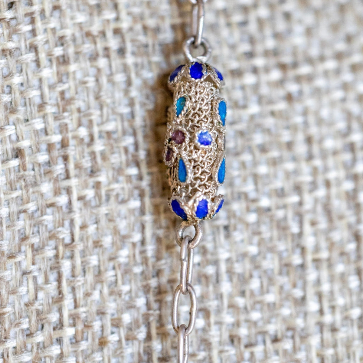 Antique Silver Chinese Export Filgree Enamel Bead Necklace
