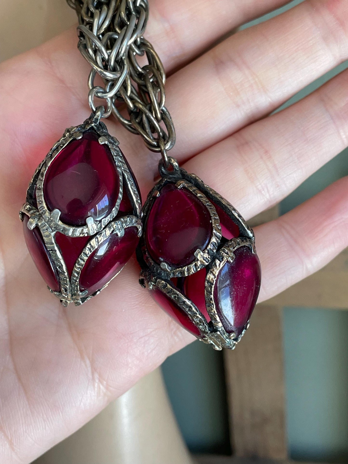 Vintage Trifari Cranberry Glass Dangle Bracelets, Renaissance Collection