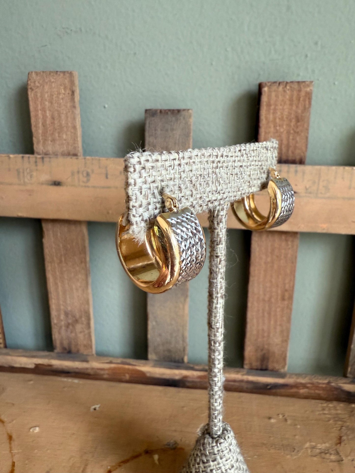 c1980 14K Bi-Color Wide Textured Hoop Earrings