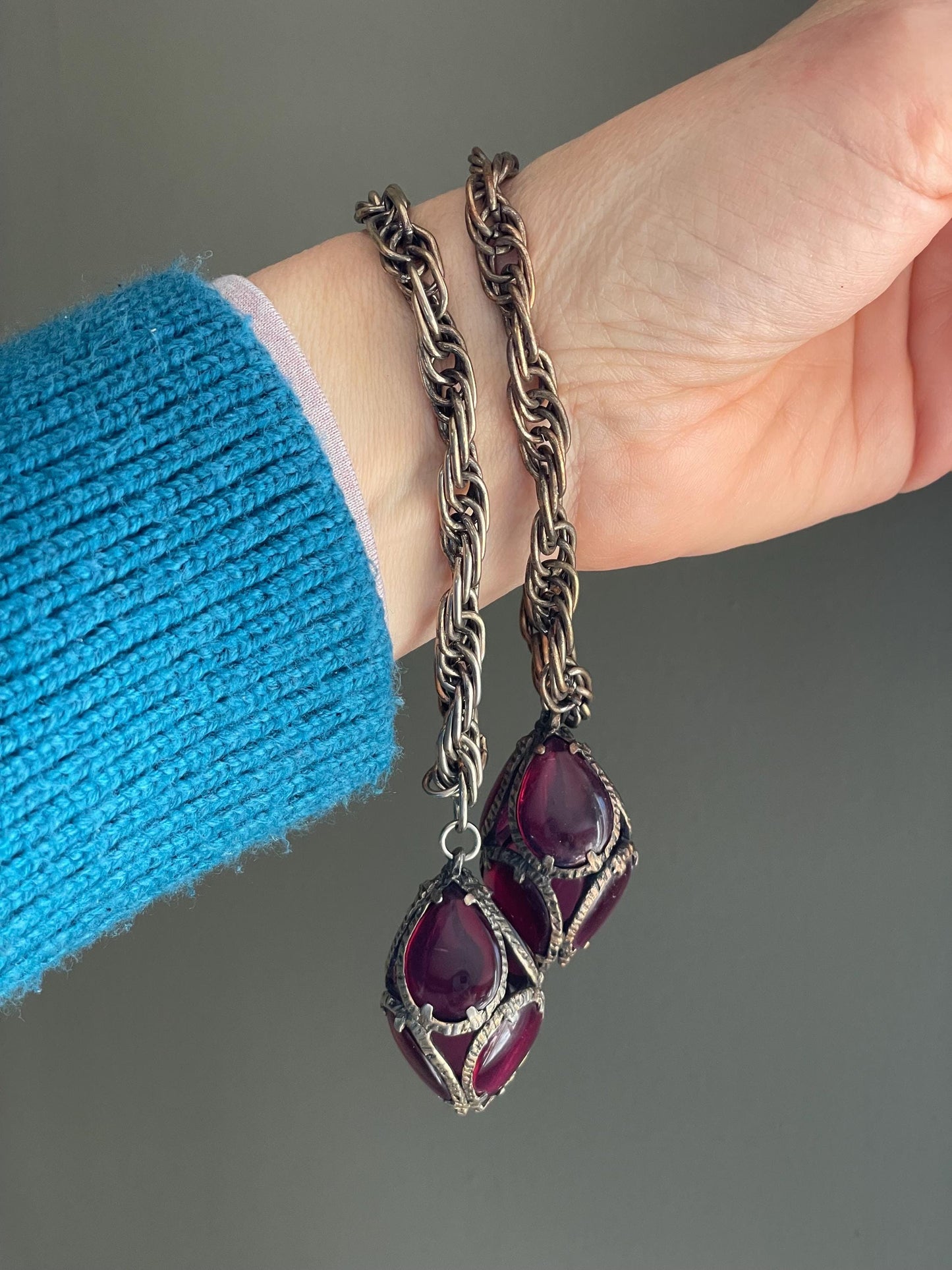 Vintage Trifari Cranberry Glass Dangle Bracelets, Renaissance Collection