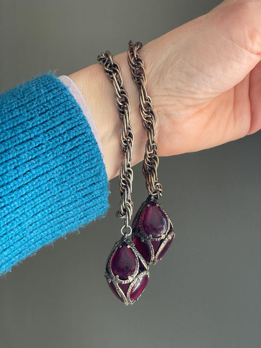 Vintage Trifari Cranberry Glass Dangle Bracelets, Renaissance Collection