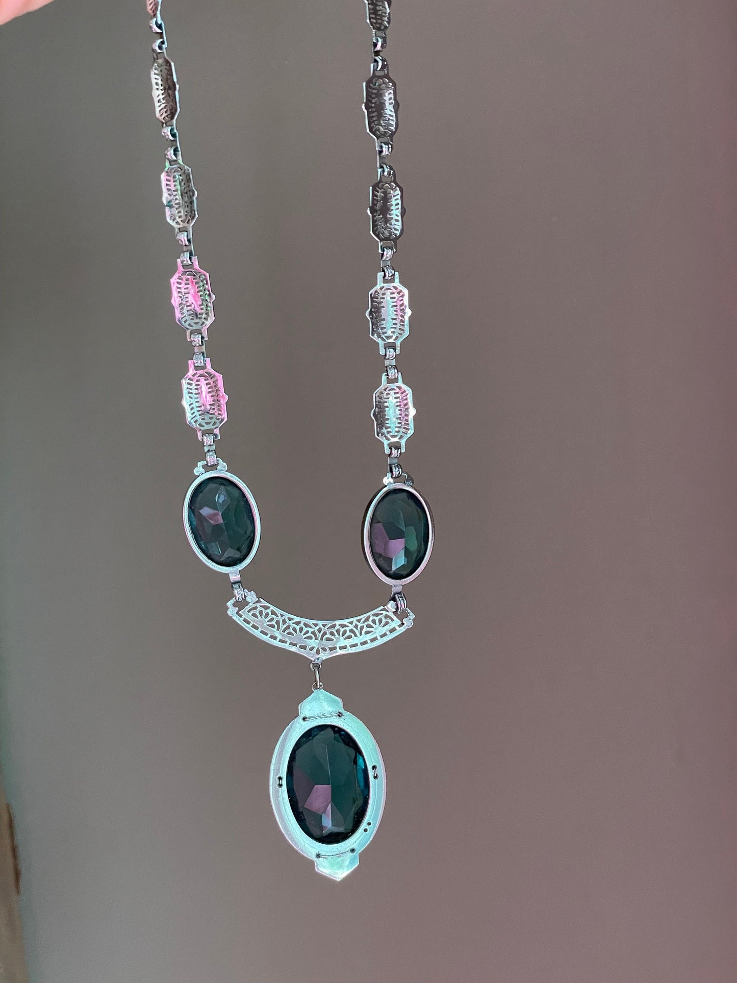 1930s Art Deco Necklace: Rhodium Plated Tourmaline Glass & Enamel