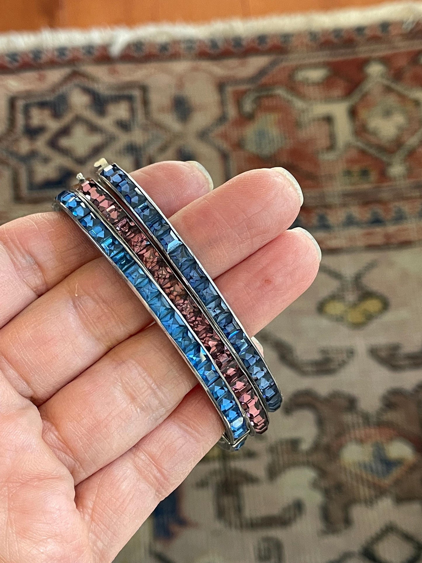 Art Deco Sterling Silver Bracelet Bangle: Ceylon Blue & Rose Cut Glass