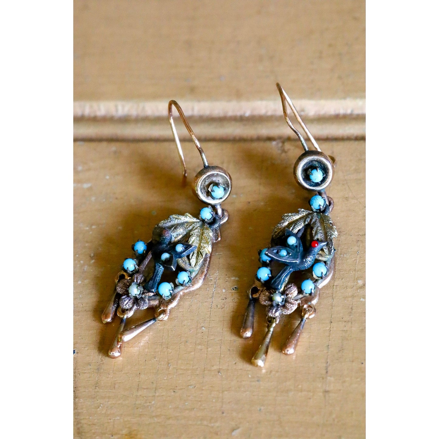 Antique 8-9K Tri Color Gold Mexican Made Bird Motif Dangle Earrings