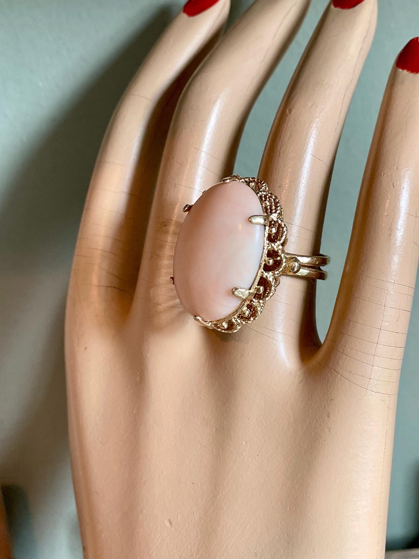 1960's Angel Skin Coral 14K Yellow Gold Cocktail Ring