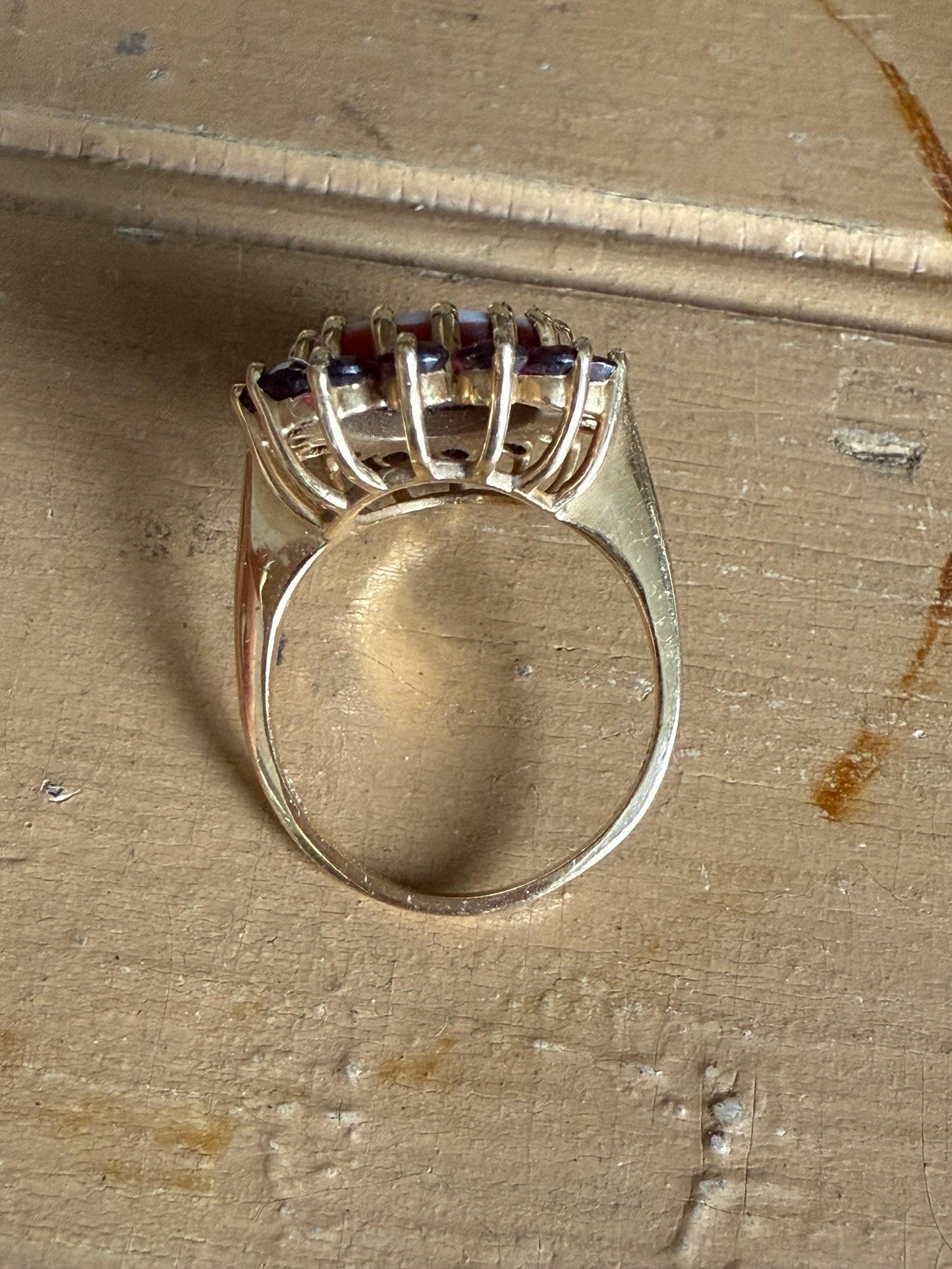 Vintage 14K Yellow Gold Carved Shell Cameo with Pink Tourmaline Halo Ring