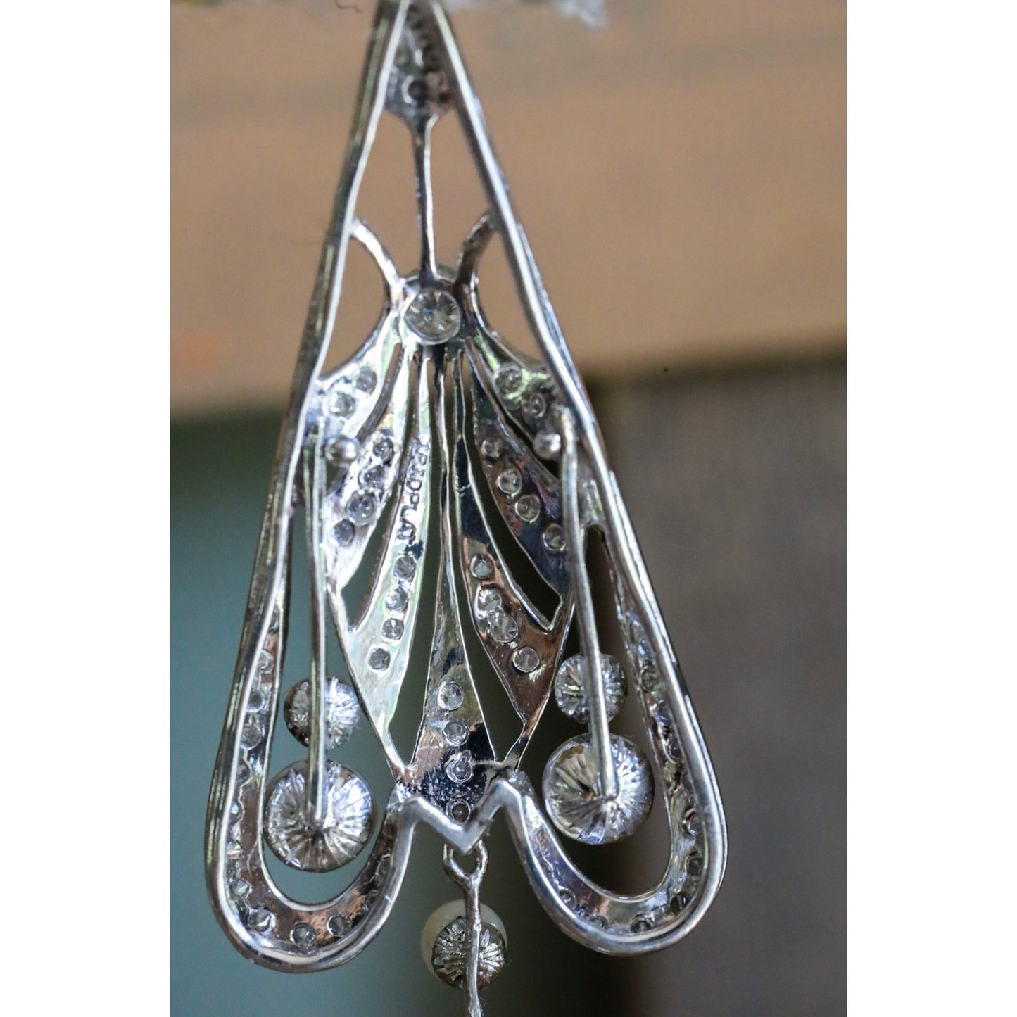 Fine Vintage Iridium Platinum Diamond and Salt Water Pearl Dangle Earrings