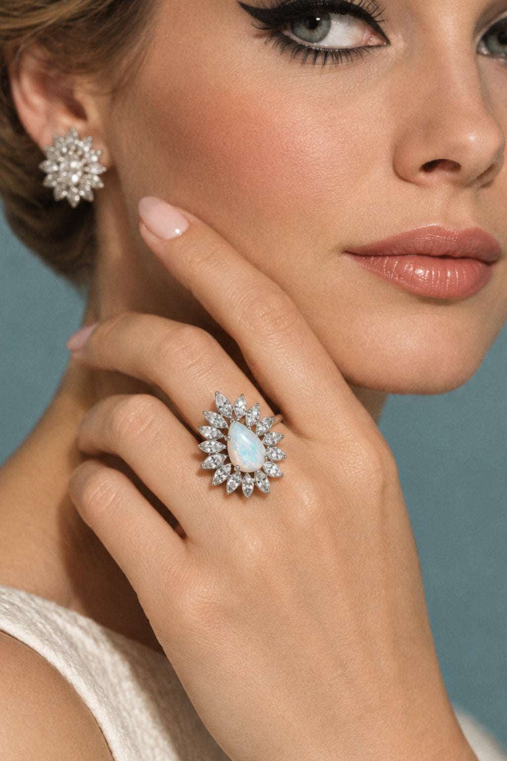 1960'S 14K White Gold Bold Opal and Diamond Cocktail Ring