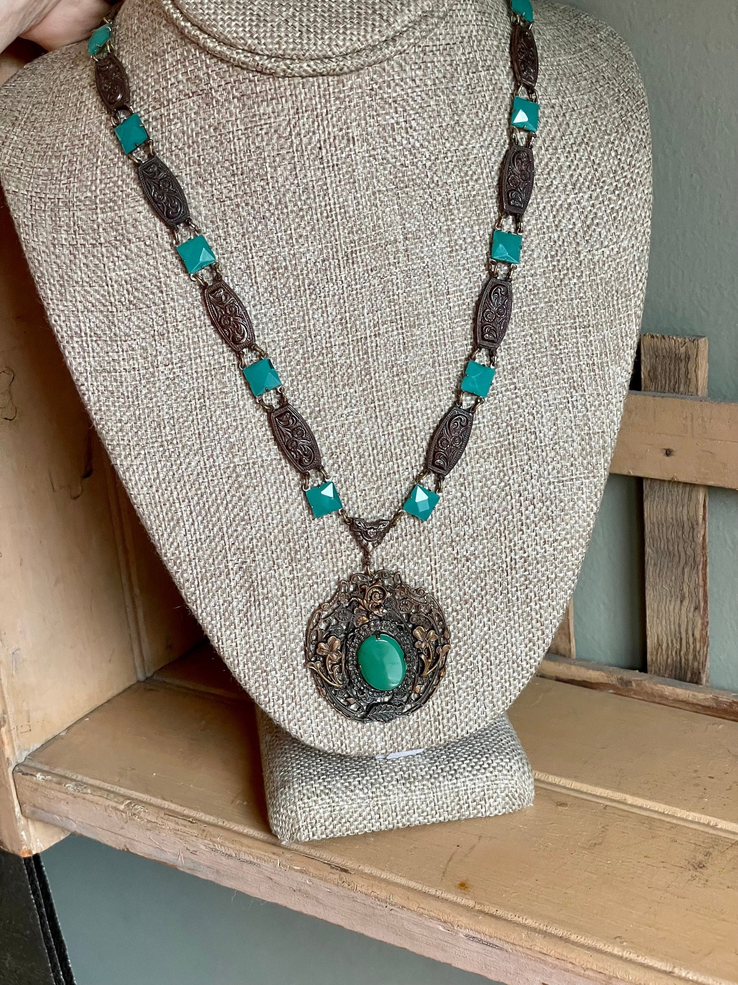 Unusual c1915 Late Edwardian Brass Tone Necklace with Green Faceted Glass