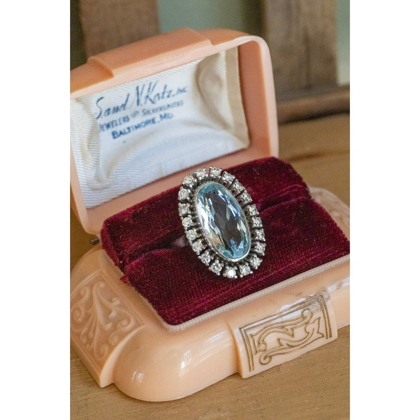 Vintage 1950's 18K White Gold Mid-Century Oval Cut Aquamarine and Natural Diamond Halo Ring