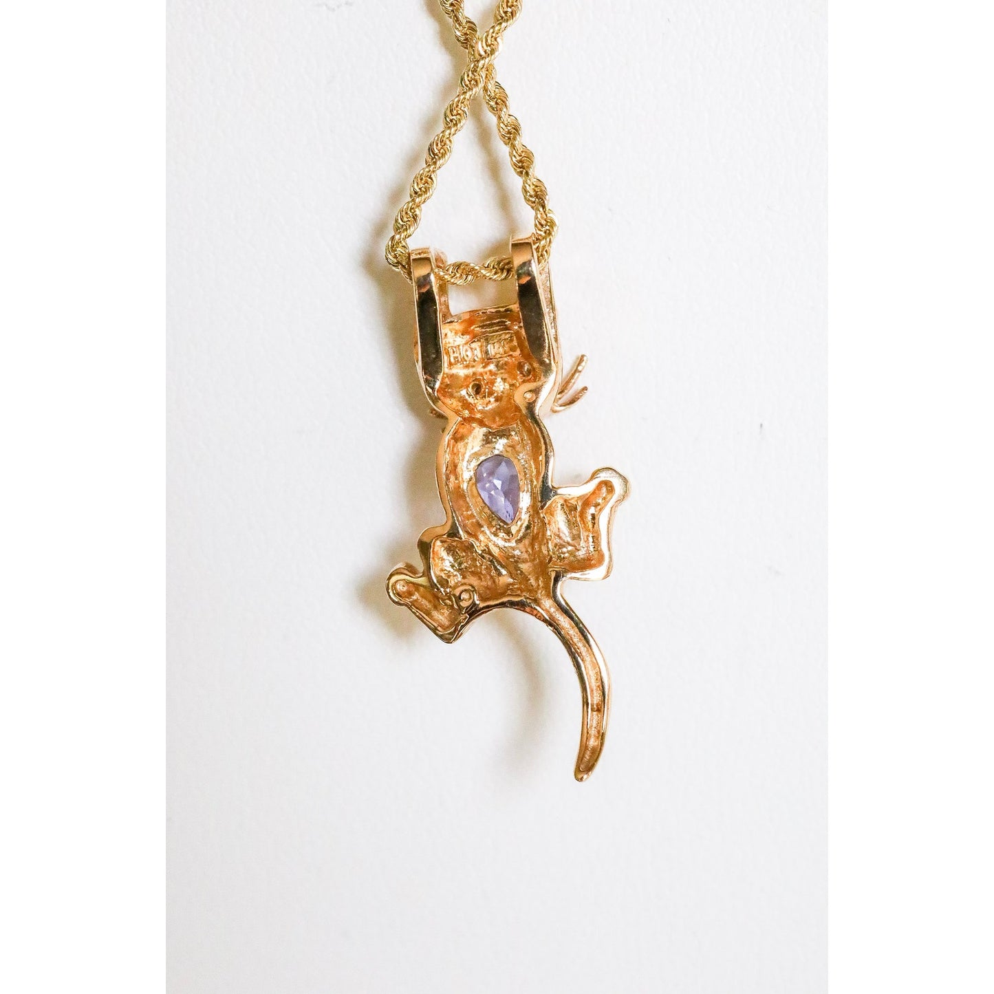 Vintage 14k Yellow Gold Hanging Cat Pendant with Tanzanite and Diamonds