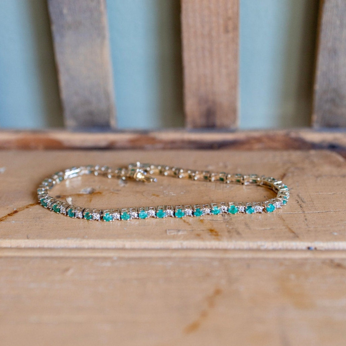 Vintage 14K Yellow Gold Natural Emerald and Diamond Line Bracelet