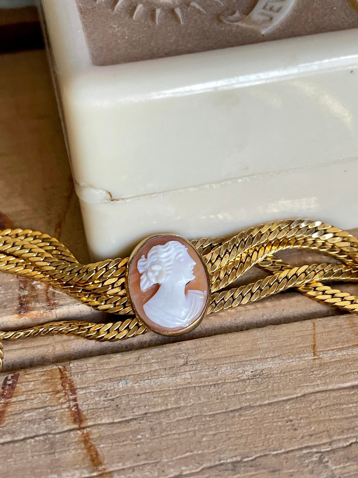 Vintage Four Link Shell Cameo Bracelet with Tassels