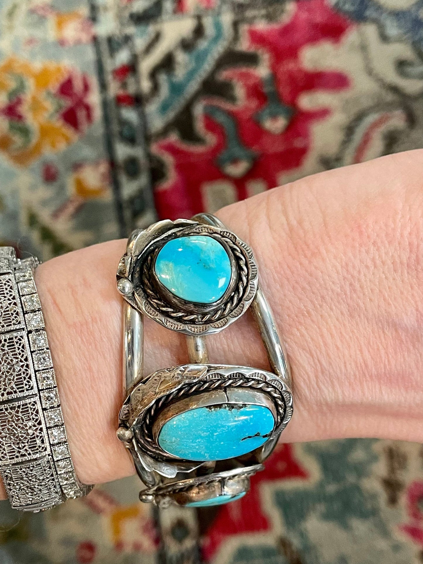 1970’s Vintage Navajo Bezel Set Turquoise Cuff Bracelet