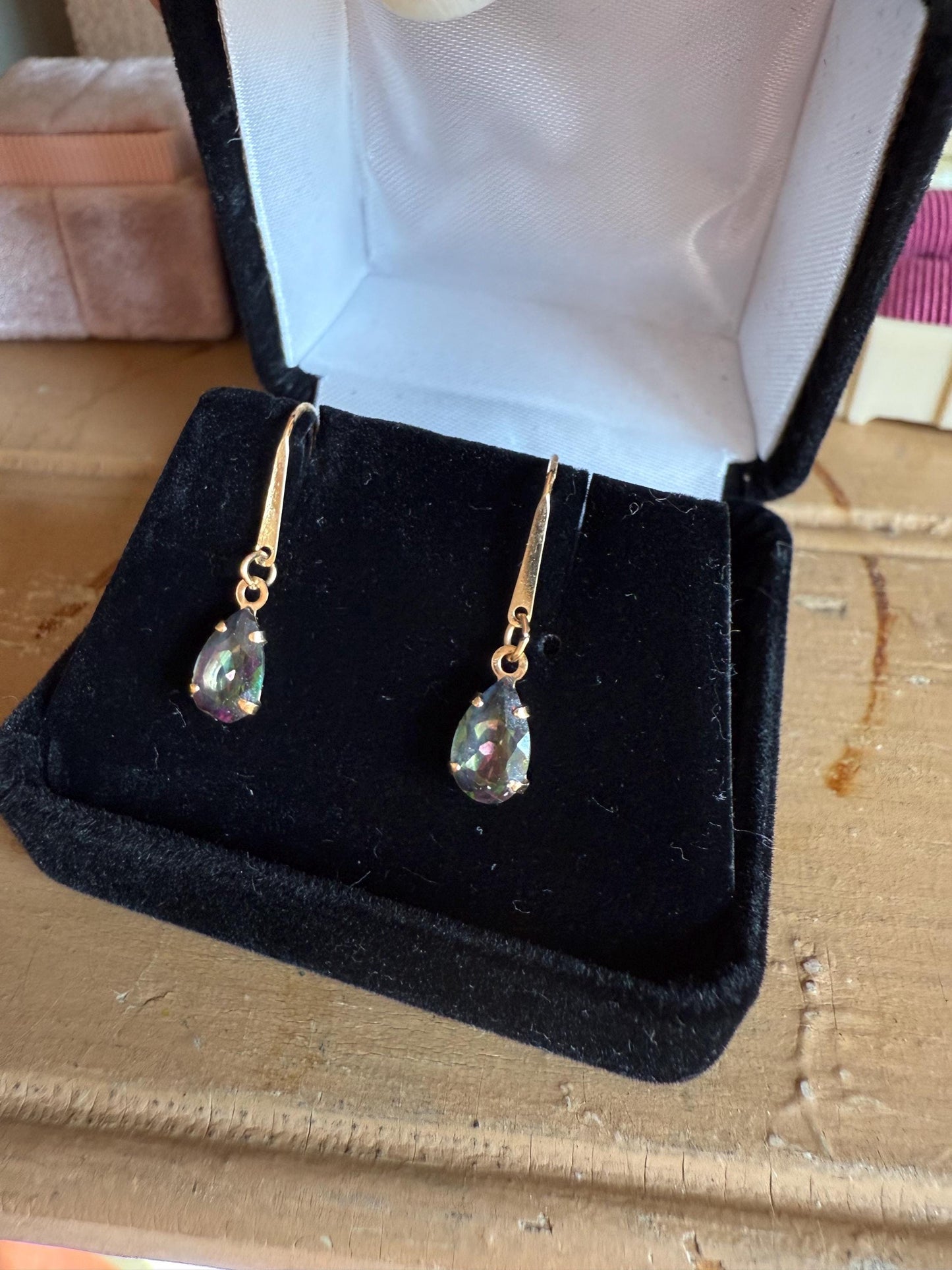 14K Yellow Gold Pear Shape Mystic Topaz Dangling on French Hooks