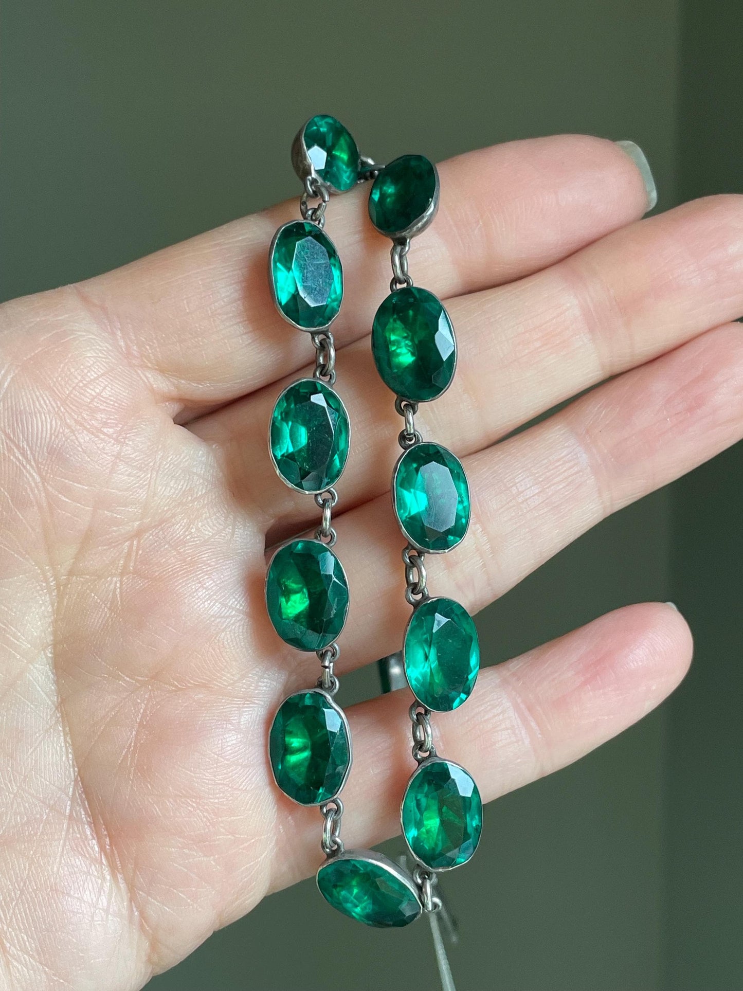 Antique Riviere Green Paste Silver Necklace c1900