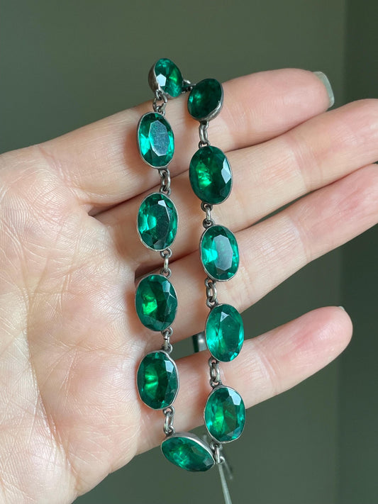 Antique Riviere Green Paste Silver Necklace c1900