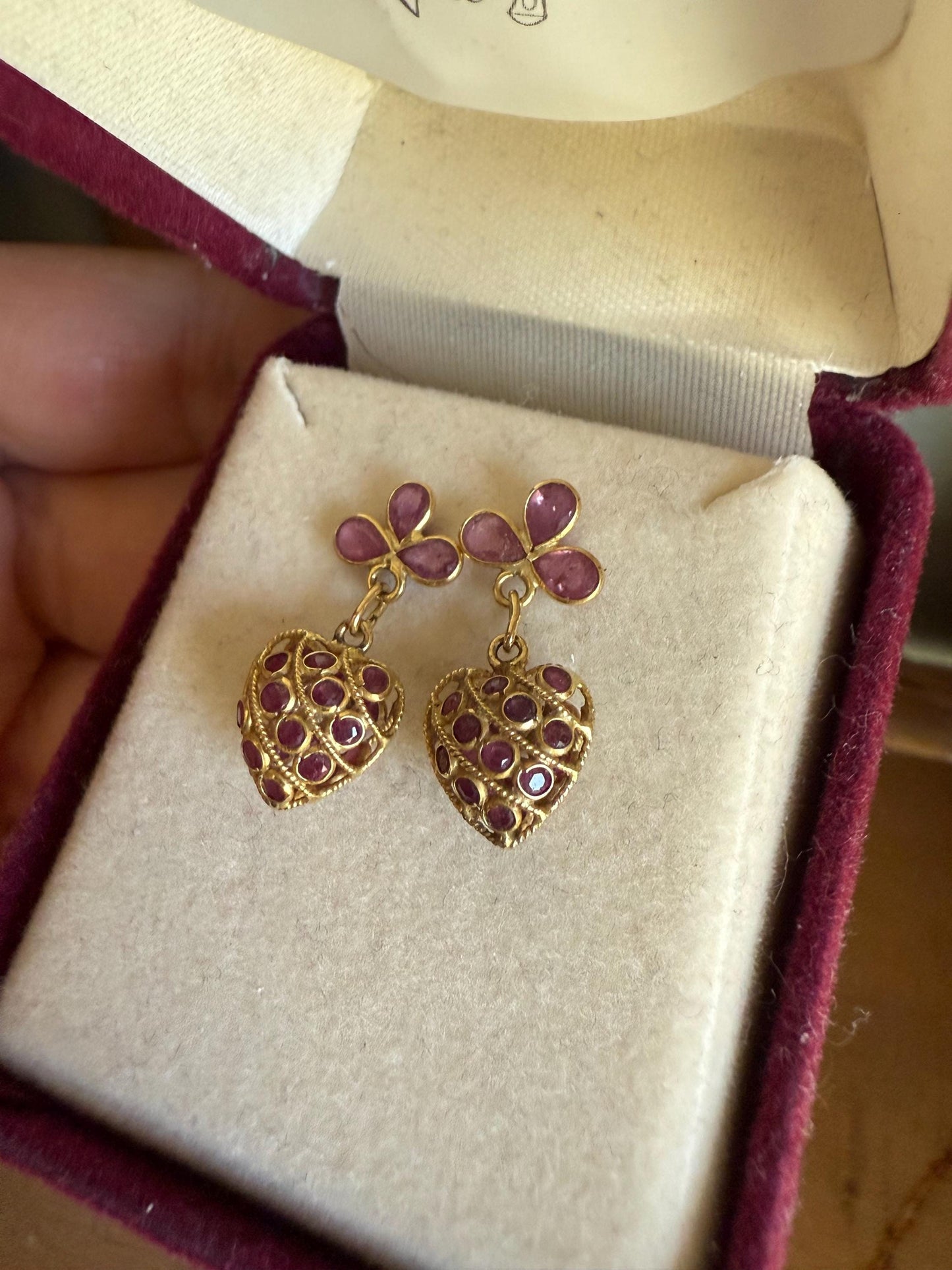 Vintage 18K Yellow Gold Natural Ruby Set Double Sided Heart Earrings