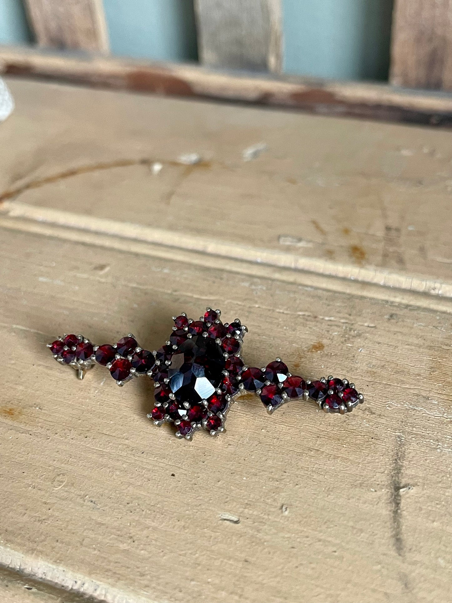 Vintage Bohemian Cut Garnets Set in 900 Silver with Gold Gilt