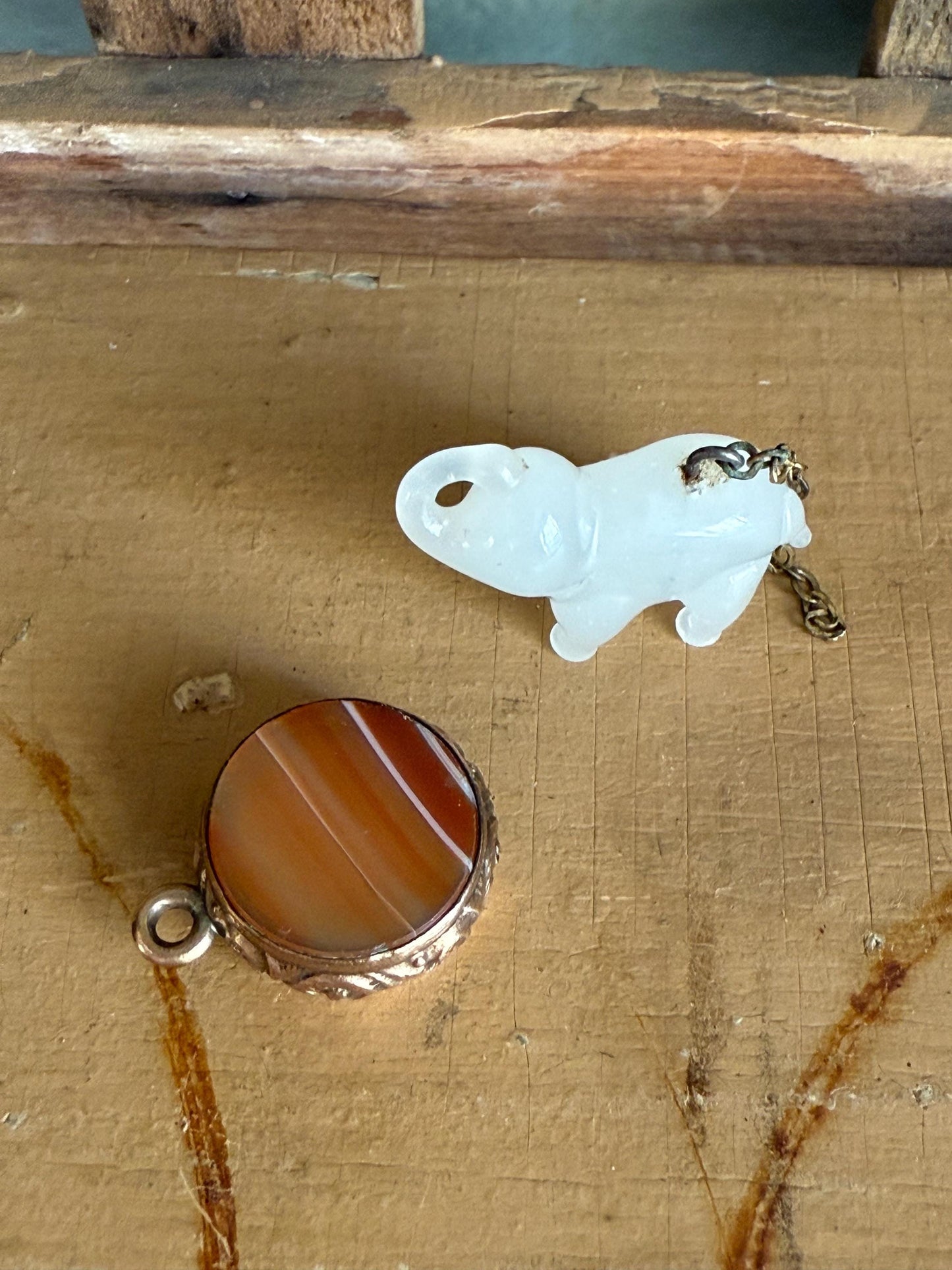 Pick One or Both Antique Glass Czechoslovakian Elephant and A Victorian Agate Double Sided Charm