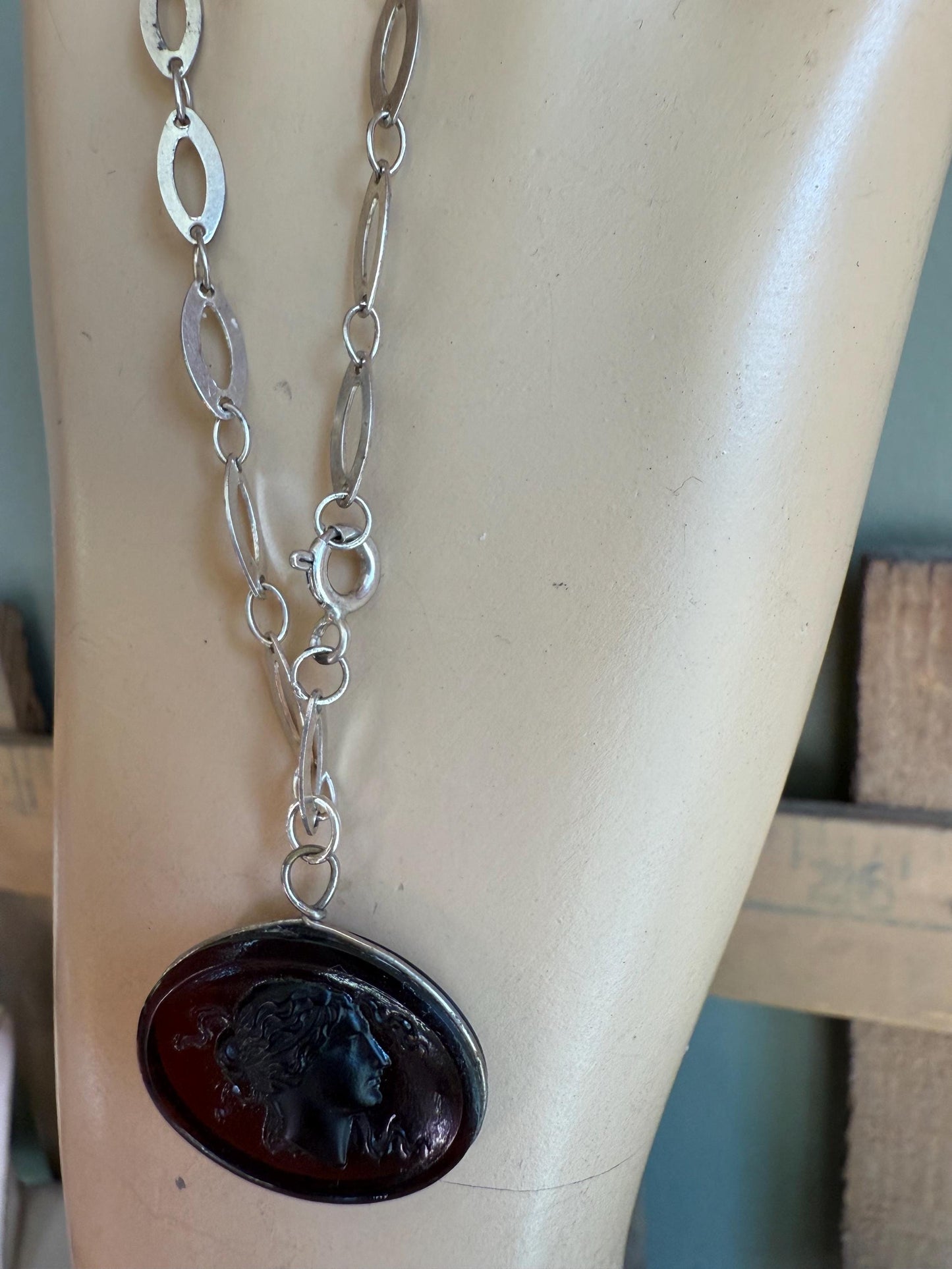 An Antique Glass Tassie Intaglio of a Lady in Profile on a Sterling Silver Bracelet