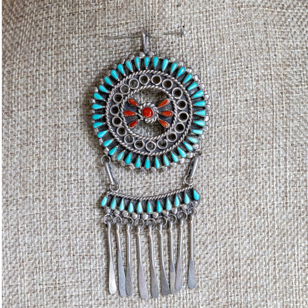 Native American Zuni New Mexico Coral Turquoise Sterling Brooch Pendant