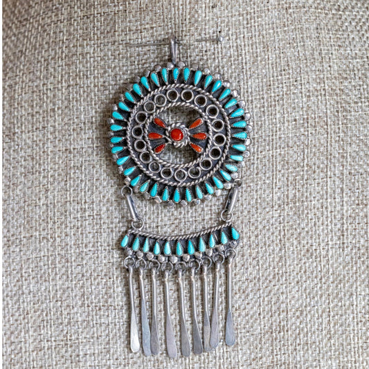 Native American Zuni New Mexico Coral Turquoise Sterling Brooch Pendant