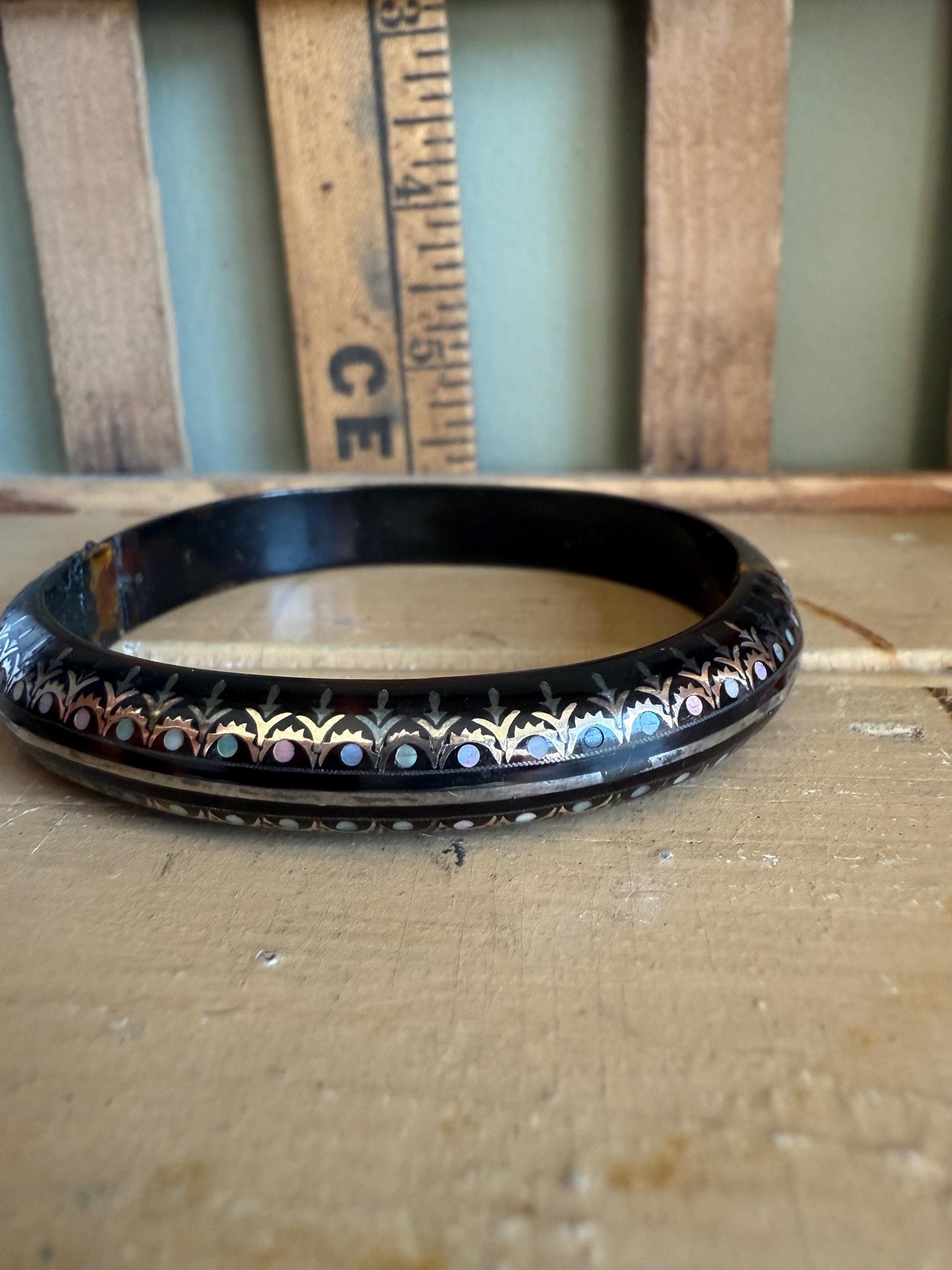 Antique Victorian Silver and Mother of Pearl Pique Inlay Bracelet