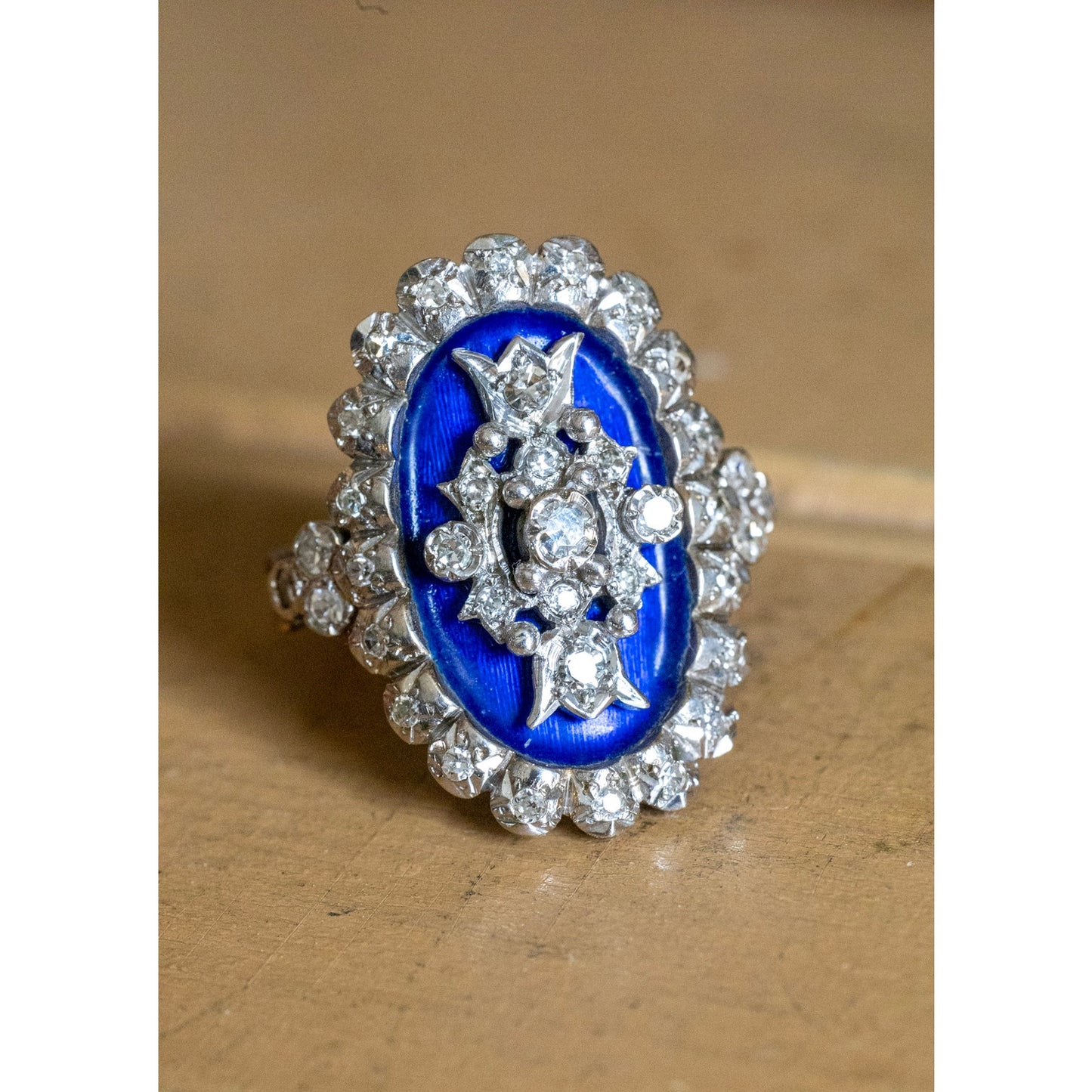 A Georgian Revival 18K English Blue Enamel and Natural Diamond Ring