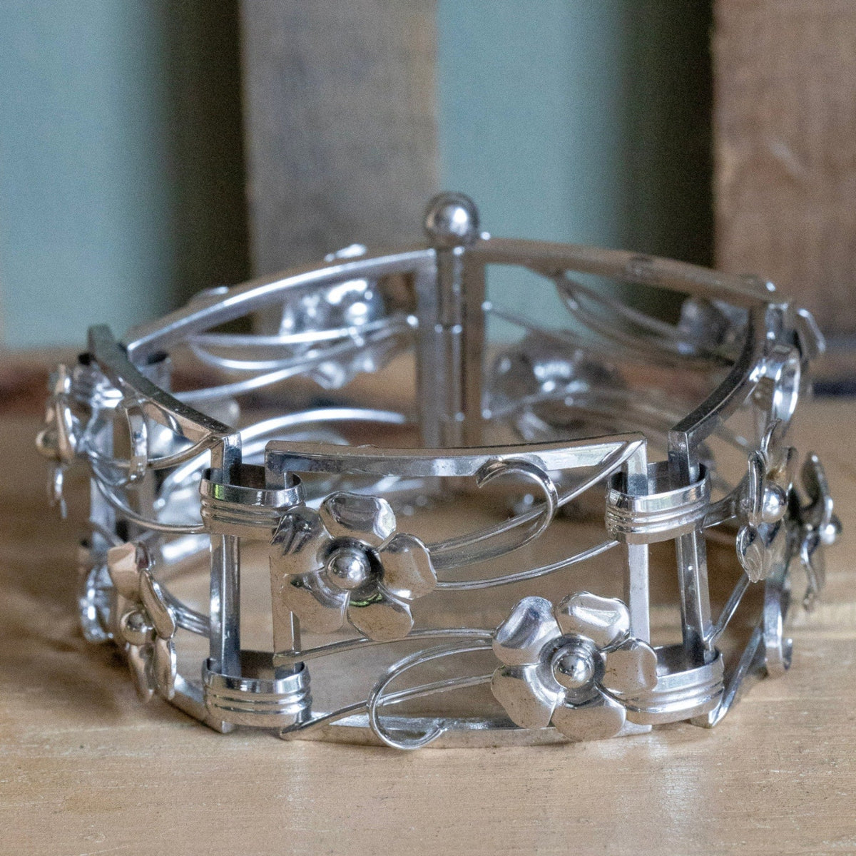 A late 1940's Harry S. Bick & Son Sterling Silver Floral Link Bracelet