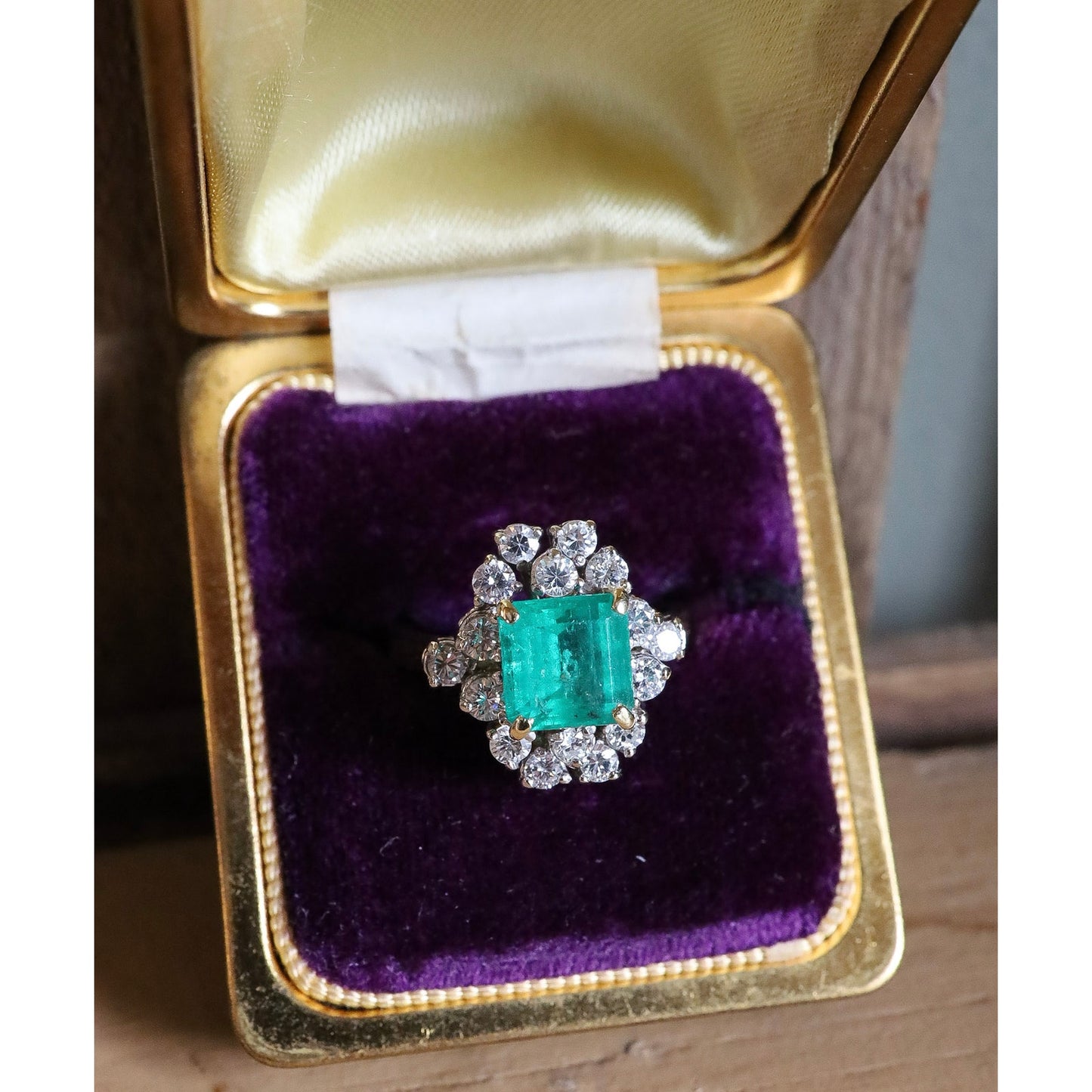 Vintage 18K Yellow Gold Custom Designed Natural Emerald and Diamond Ring