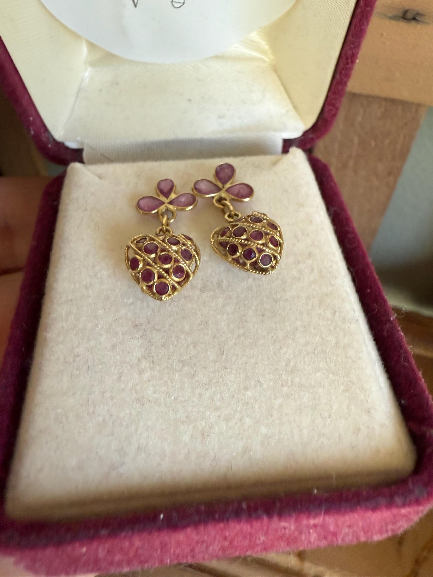 Vintage 18K Yellow Gold Natural Ruby Set Double Sided Heart Earrings