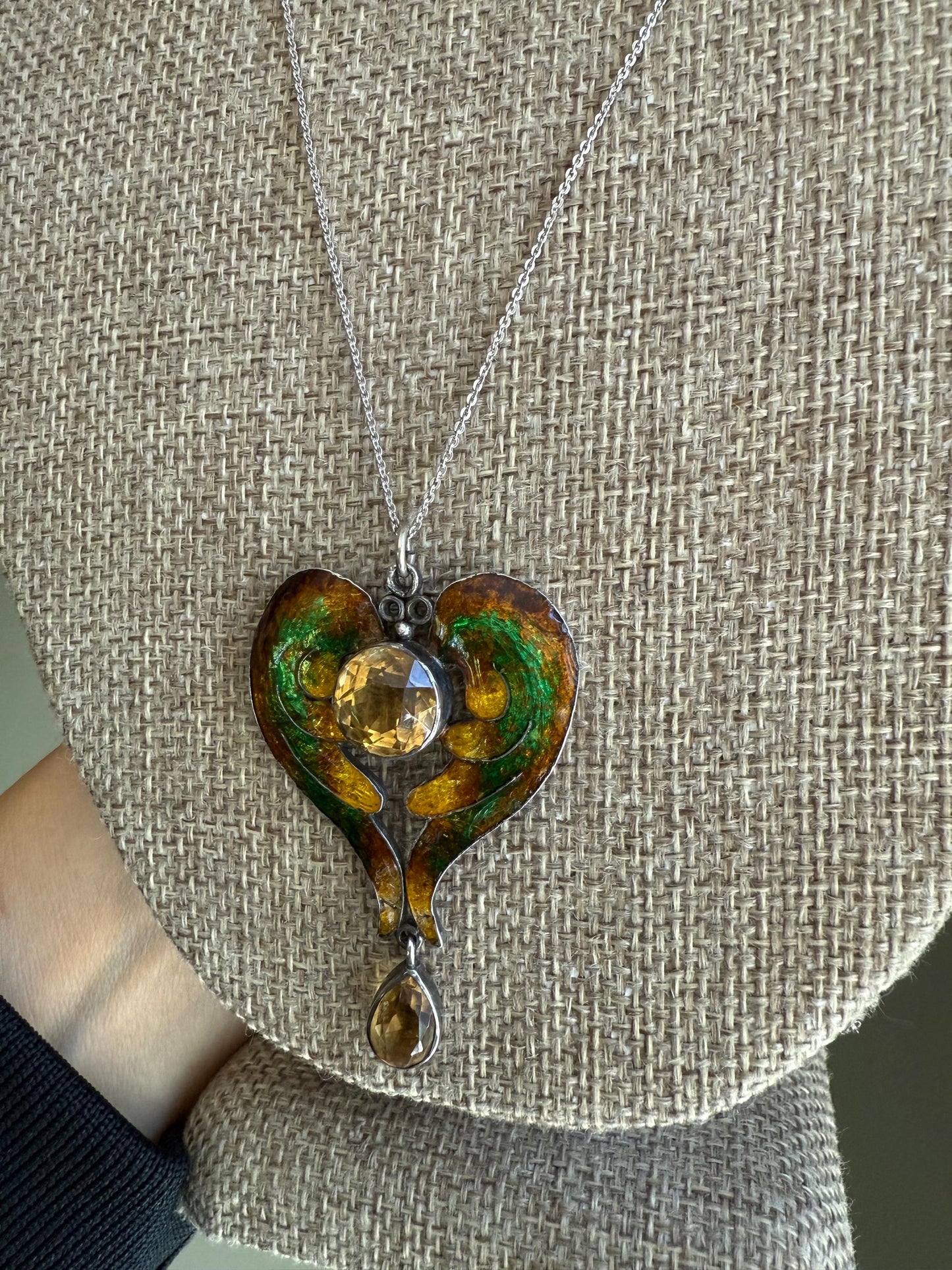 An Antique Arts and Crafts Handmade Silver Enamel Wings Citrine Pendant