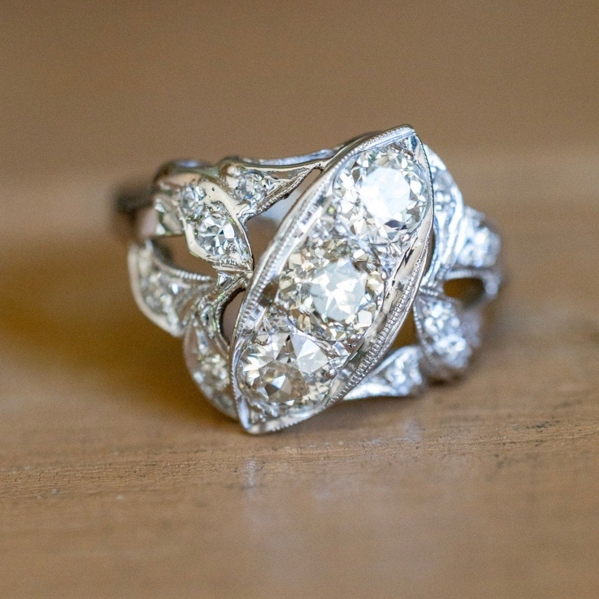 Vintage 14K White Gold Mine Cut and Old European Cut Natural Diamond Ring