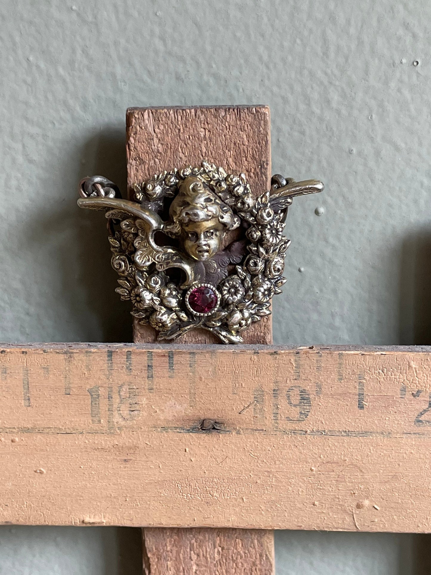 Antique Kerr Angel Cupid Pendant with Simulant Ruby