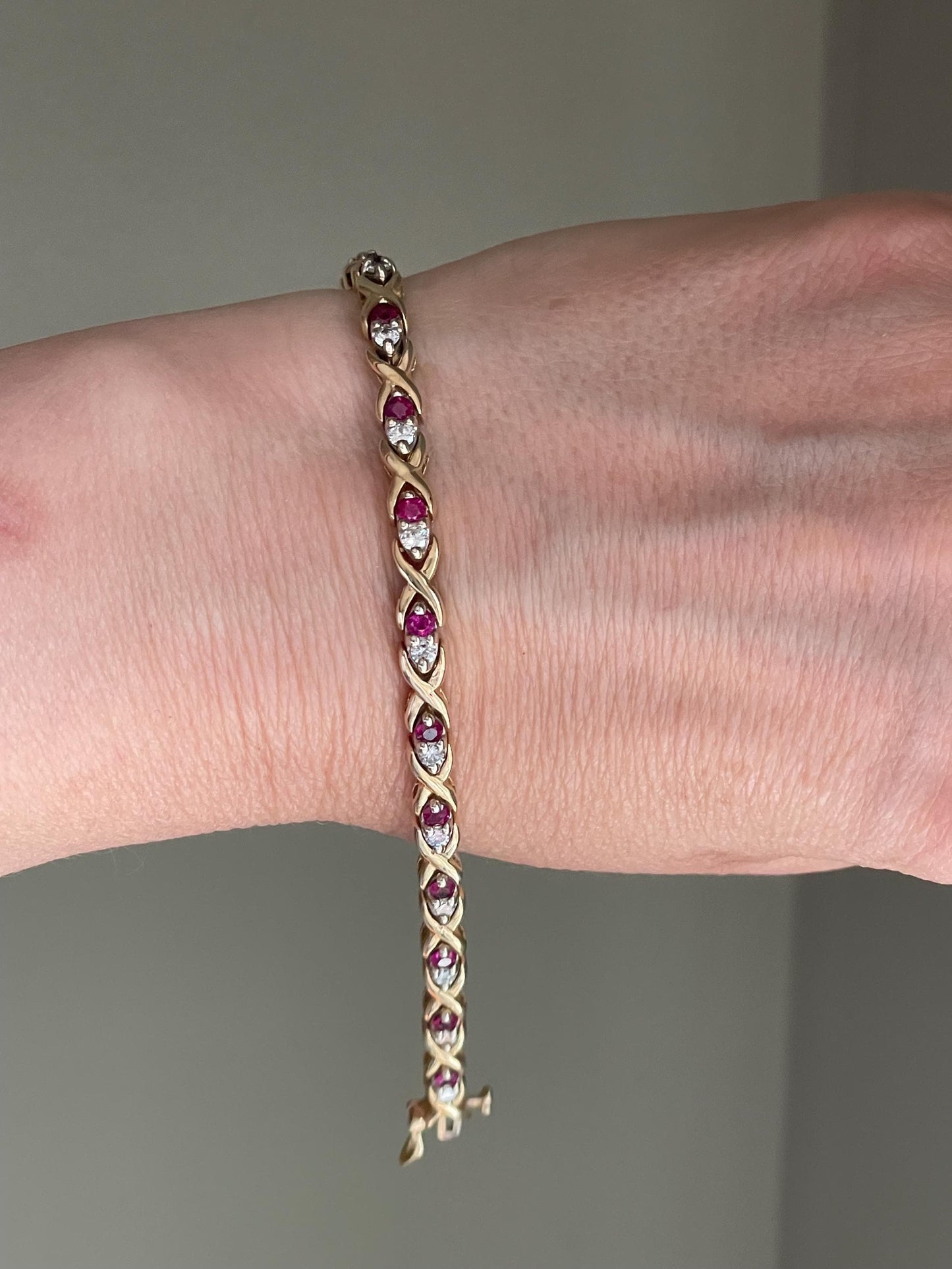 Solid 14K Yellow and White Gold Vintage Ruby and Diamond Link Bracelet