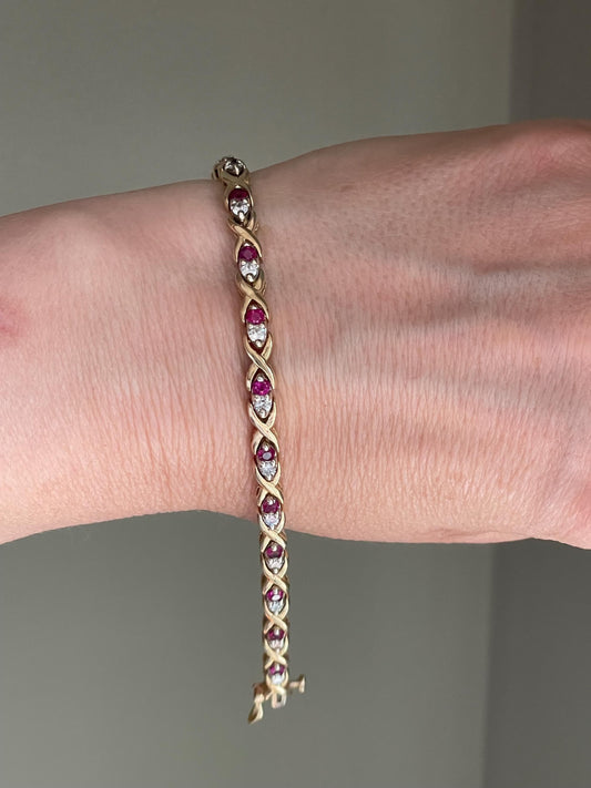 Solid 14K Yellow and White Gold Vintage Ruby and Diamond Link Bracelet