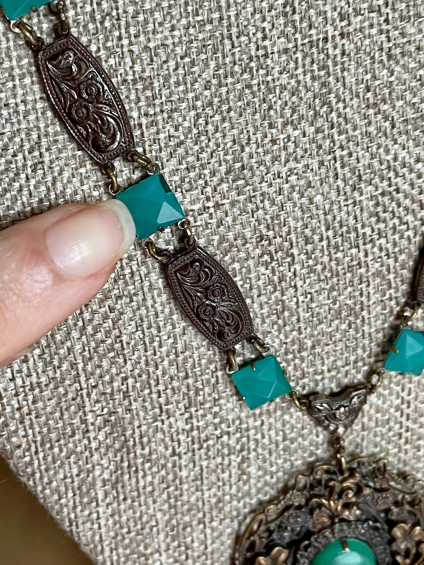 Unusual c1915 Late Edwardian Brass Tone Necklace with Green Faceted Glass