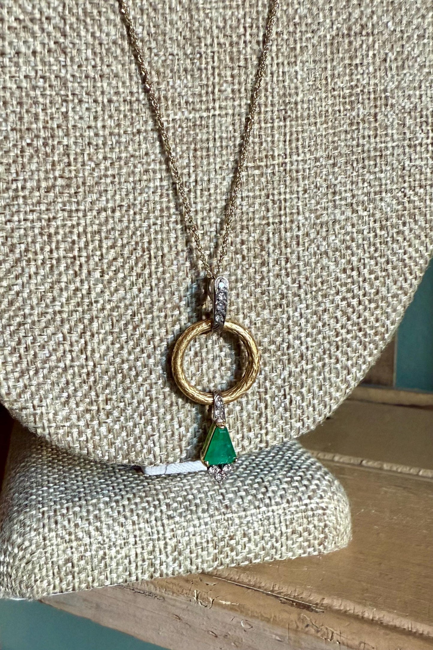 Custom Designed Natural Emerald and Diamond 18K Pendant on a 14K Yellow Gold Chain