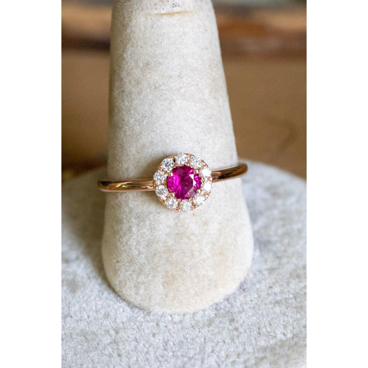 14K Rose Gold Natural Ruby and Diamond Halo Ring