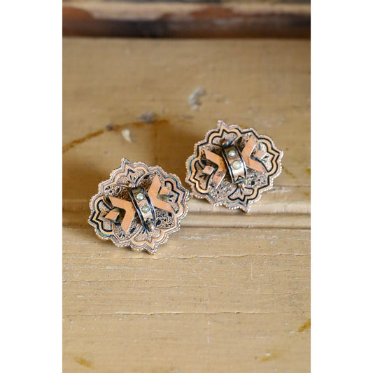 C1870 Gold Filled and 10K Gold Victorian Black Tracery Seed Pearl Earrings