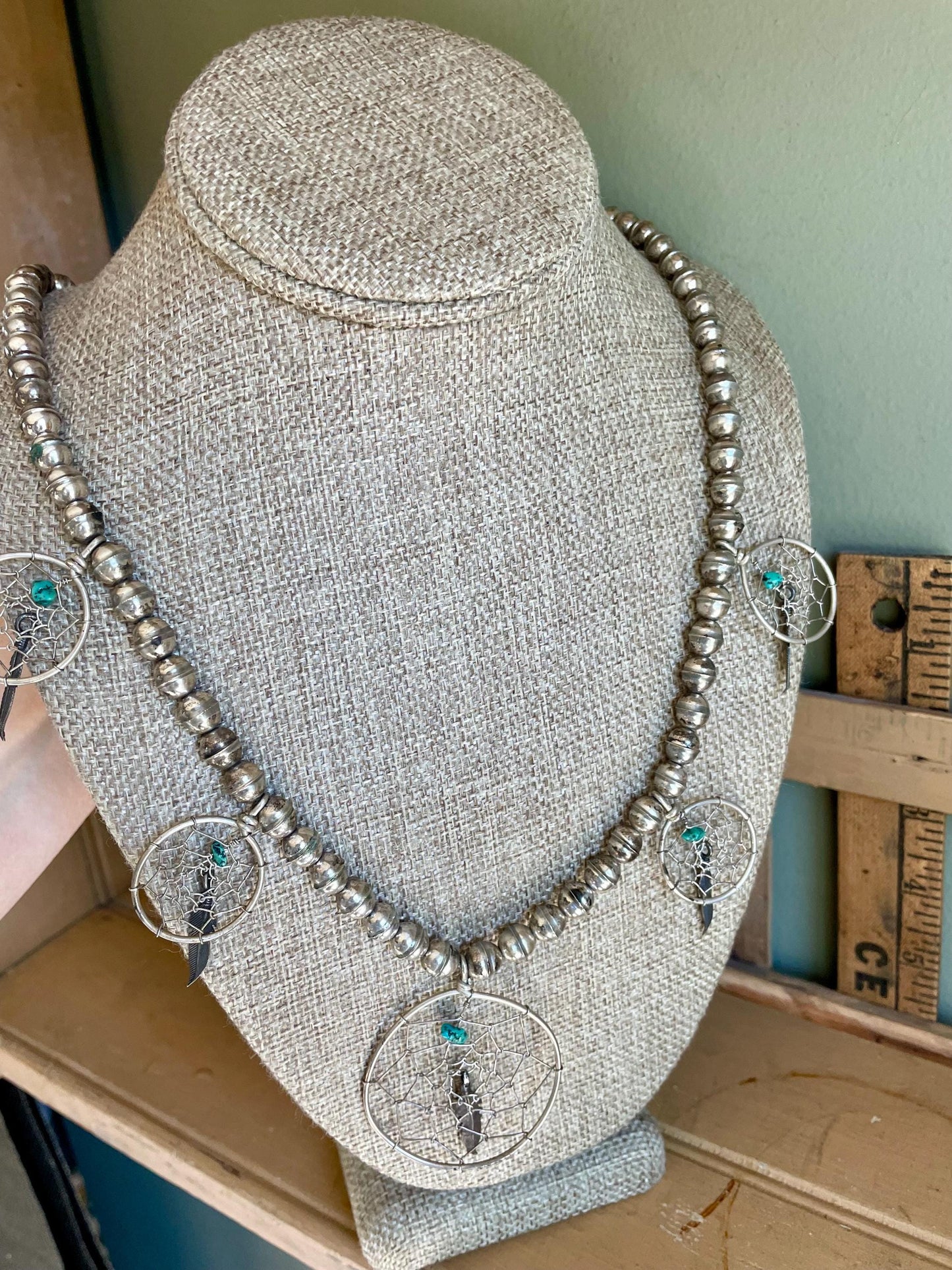 A Vintage Navajo Sterling Silver Handmade Dream Catcher Turquoise Nugget Necklace