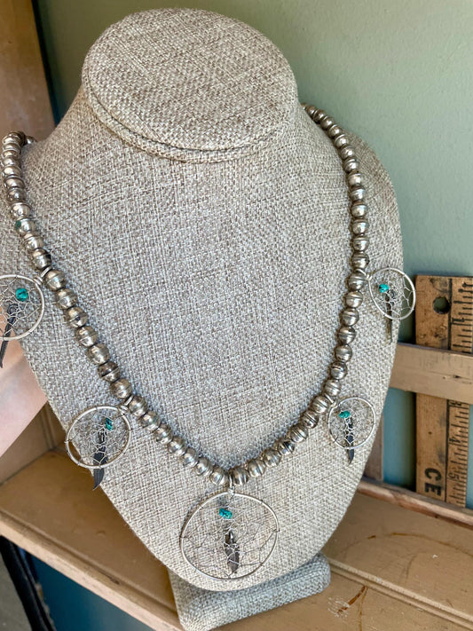 A Vintage Navajo Sterling Silver Handmade Dream Catcher Turquoise Nugget Necklace