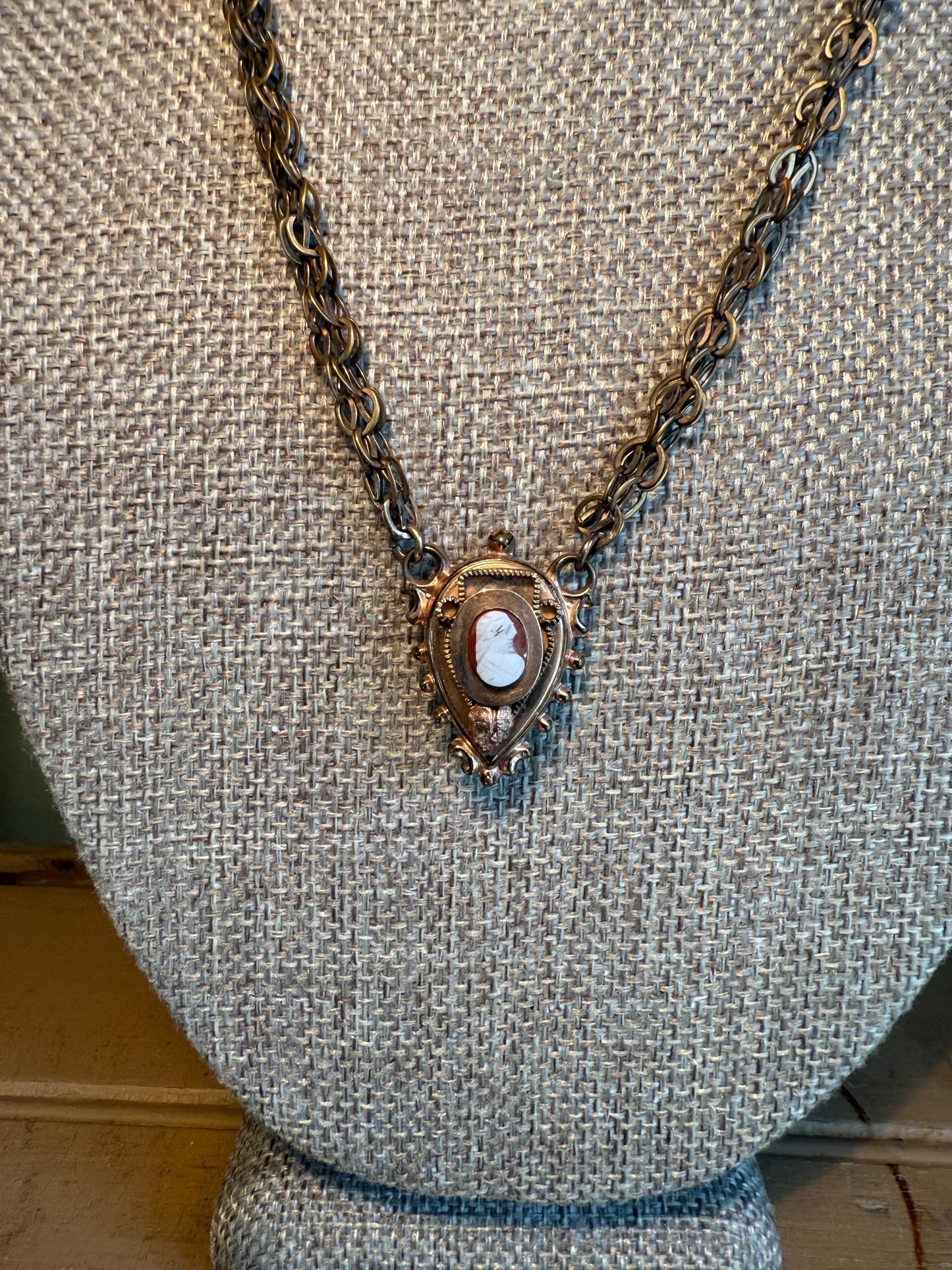 Antique Victorian Gold Filled Agate Cameo Pendant with Hook Necklace