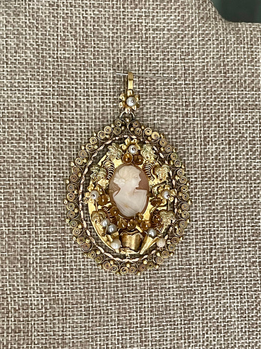 Vintage 1930-1950's Spun 14K Yellow Gold Hand Made Pendant Featuring a Shell Cameo and Pearls
